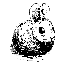 An inked drawing of the Hare mascot, a fuzzy rabbit